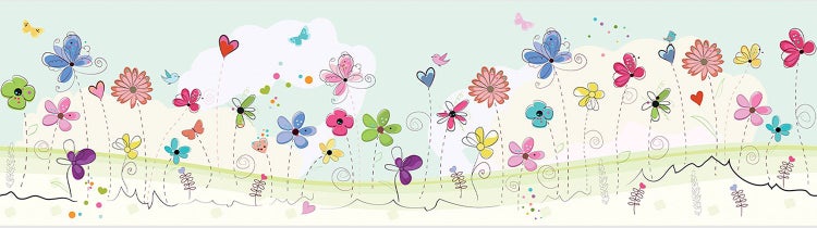 Kinderzimmer-Bordüre mit bunten Blumen und Schmetterlingen an einer weißen Wand hinter einem Bett mit Kissen und Teddybär.