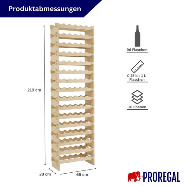 Proregal Weinregal aus Holz: Höhe 219 Zentimeter, Breite 65 Zentimeter, Tiefe 28 Zentimeter. Kapazität für 96 Flaschen auf 16 Ebenen.