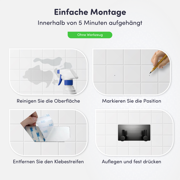Montageanleitung für Wandhaken ohne Werkzeug: Oberfläche reinigen, Position markieren, Klebestreifen abziehen und fest anpressen.