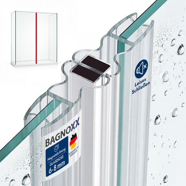 BAGNOXX Magnetdichtung für Duschkabinen, Glasstärke 6 bis 8 Millimeter, leises Schließen, BAGNOXX Logo.