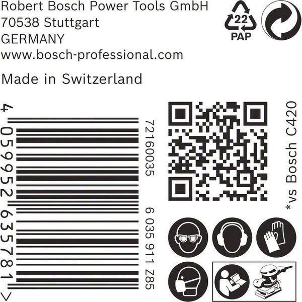 Robert Bosch Power Tools GmbH Logo, Papierverpackungssymbol, Recycling Symbol, Barcode, QR Code, Sicherheitsausrüstung Symbole