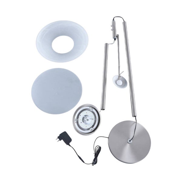 Einzelteile einer modernen Stehleuchte aus Metall mit verstellbarem Arm, rundem Sockel, zwei Lampenschirmen und Netzteil.
