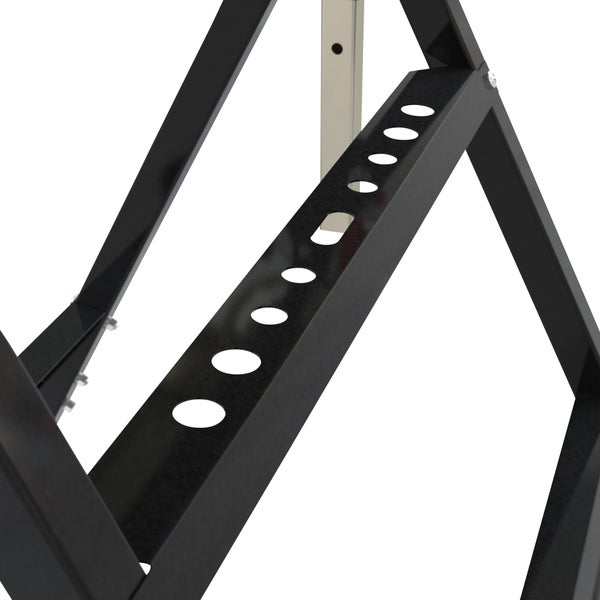 Detailansicht eines schwarzen Werkbankgestells mit Lochmuster