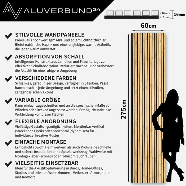 Infografik zeigt Holzlamellen Wandpaneel mit Abmessungen 275 mal 60 Zentimeter und technischen Merkmalen zur Schalldämmung und Montage.