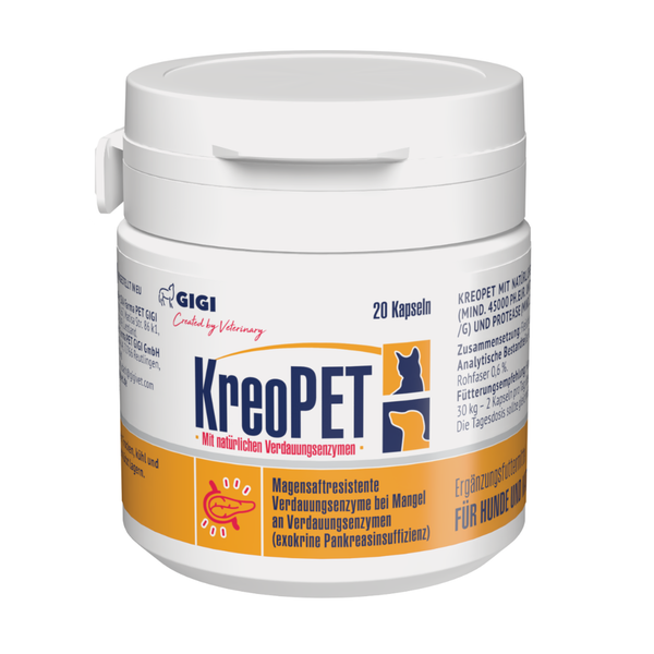 KreoPET Nahrungsergänzungsmittel für Hunde mit Verdauungsenzymen in einer weißen Dose