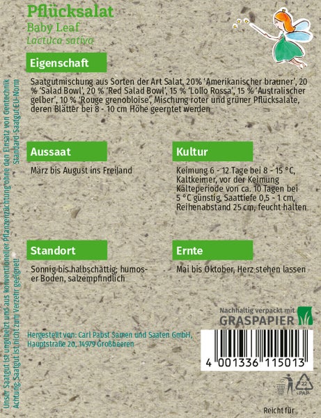 Rückseite der Samentüte für Pflücksalat Baby Leaf mit Informationen zu Aussaat, Kultur, Standort, Ernte und Graspapier-Verpackung.