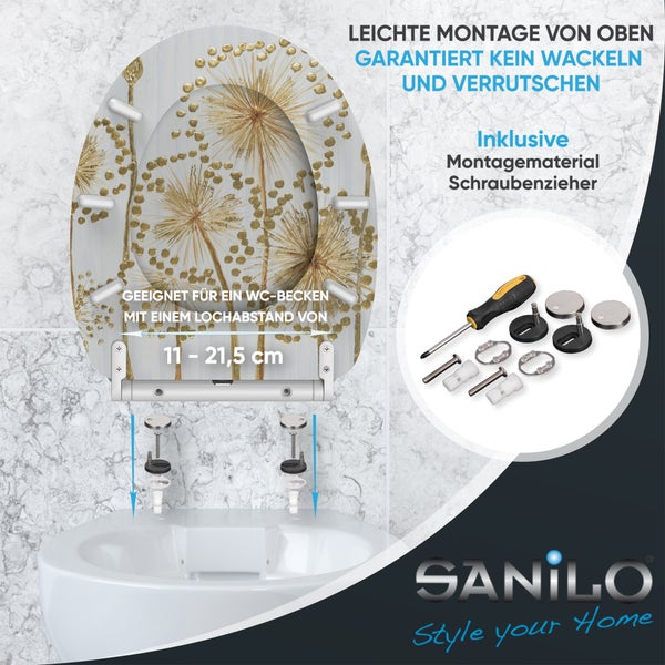 Sanilo WC-Sitz mit Pusteblumen-Motiv und Montagezubehör, geeignet für WC-Becken mit einem Lochabstand von 11 bis 21,5 Zentimeter.
