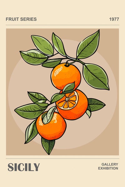 Wandbild mit einer Illustration von Mandarinen auf Zweigen mit Blättern und der Aufschrift Fruit Series Sicily Gallery Exhibition 1977.