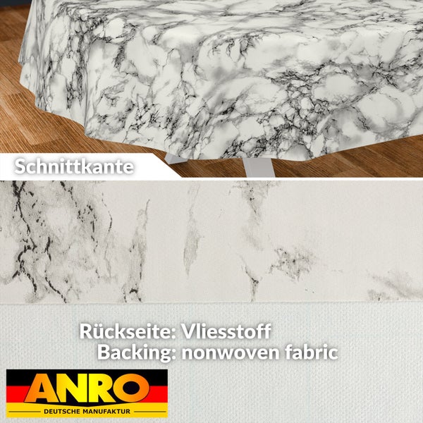 Tischdecke mit Marmormuster, Detailansicht der Schnittkante und der Rückseite aus Vliesstoff, ANRO Logo.