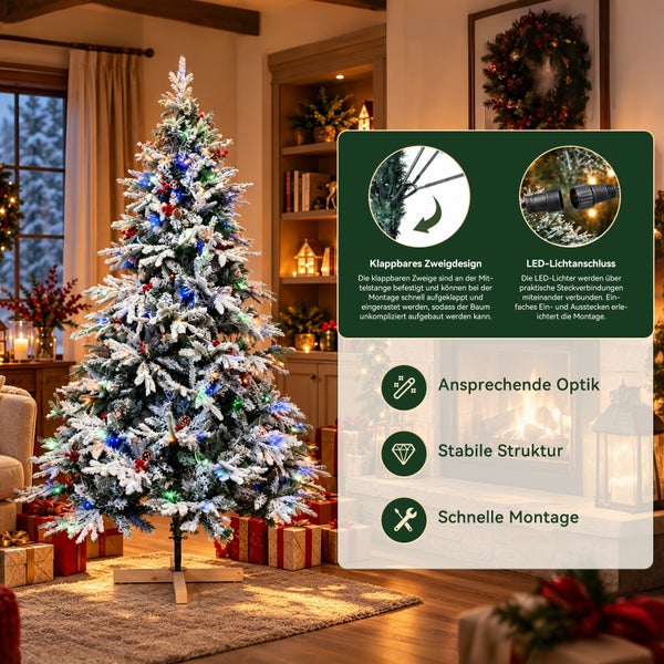 Künstlicher Weihnachtsbaum mit LED Beleuchtung und klappbarem Zweigdesign für eine einfache Montage im Wohnzimmer.