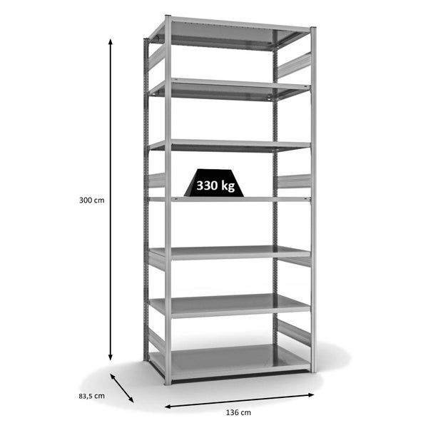 PROREGAL Fachbodenregal Stecksystem T-Profil Heavy-Duty Grundregal HxBxT 300 x 130 x 80 cm 7 Ebenen Fachlast 330 kg Beidseitig Nutzbar Verzinkt