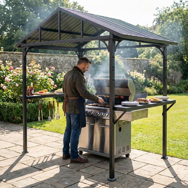 Grillpavillon mit Satteldach, integriertem Gasgrill, Seitenablagen zur Vorbereitung und aufgehängtem Grillbesteck.