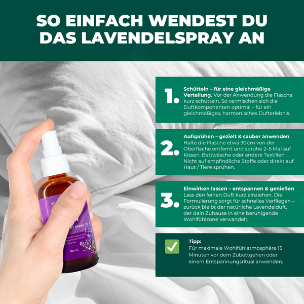 Anleitung zur Anwendung von Lavendelspray auf Kissen mit drei Schritten und Anwendungstipp.