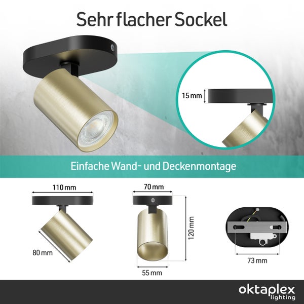 Maße und Details eines flachen Wand- und Deckenstrahlers von Oktaplex Lighting mit 15 Millimeter hohem Sockel und Abmessungen.