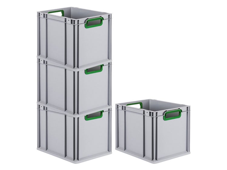 PROREGAL Spar Set 4x Eurobox Nextgen Color HxBxT 32 x 30 x 40 cm 30 Liter Griffe Grün Offen Glatter Boden Eurobehälter Transportbox