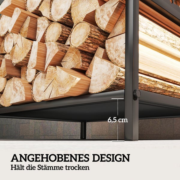 Detailansicht eines erhöhten Holzregals gefüllt mit Brennholz zur trockenen Lagerung