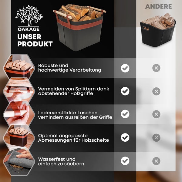 OAKAGE® LuxeLeather Holzkorb Veganes Leder - mit ausreißsicheren Holzgriffen - 50x40x35cm