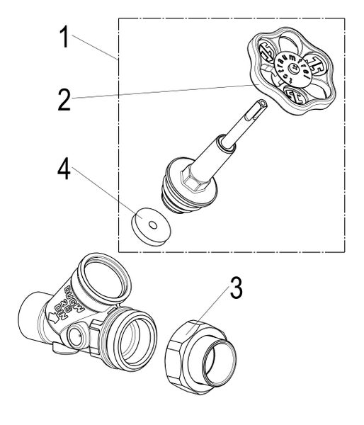 Explosionszeichnung einer frostsicheren Ventilarmatur mit nummerierten Einzelteilen wie Handrad, Ventilspindel, Dichtung und Anschlussstück.