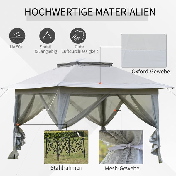 Outsunny Faltpavillon Pop-Up-Zelt Gartenpavillon inkl. Rollentasche Stahl+Oxford+Mesh Grau 3,64x3,64x2,94m