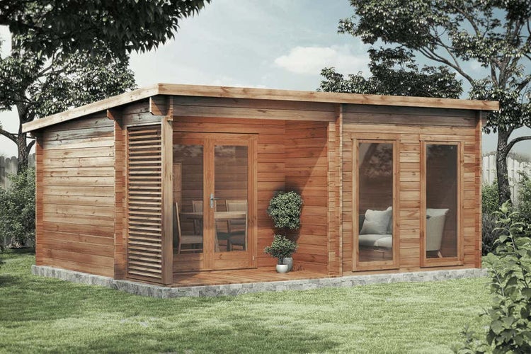 Alpholz Gartenhaus Orkus-44 Gartenhaus aus Holz in Pinie, Holzhaus mit 44 mm Wandstärke inklusive Terrasse Blockbohlenhaus imprägniert 5,4x4,2m