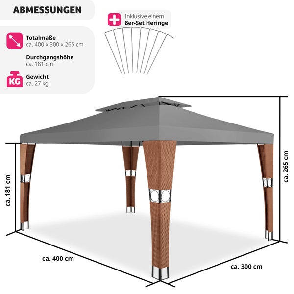 Rattan Gartenpavillon tectake Mona inklusive Heringen 4 x 3 m braun/anthrazit