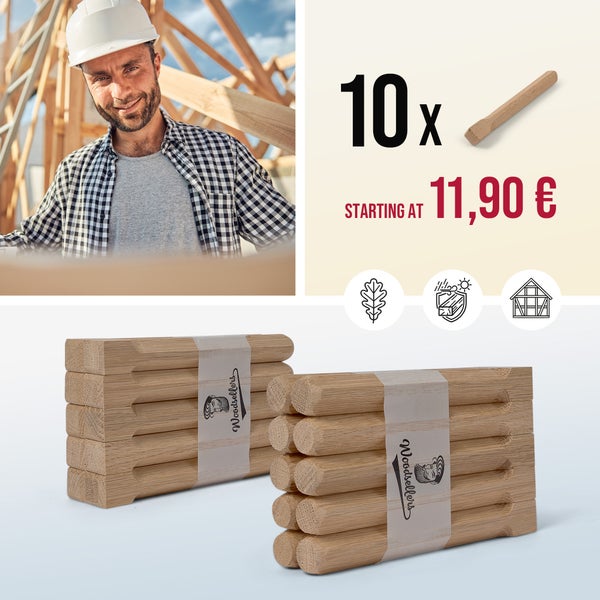Zehn Holzkeile aus Eichenholz für den professionellen Einsatz im Holzbau und bei Bauprojekten.