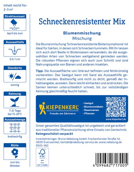 Produktverpackung mit Anbauinformationen fuer schneckenresistente Blumenmischung von Kiepenkerl inklusive Saatgutdetails und Anwendungshinweisen