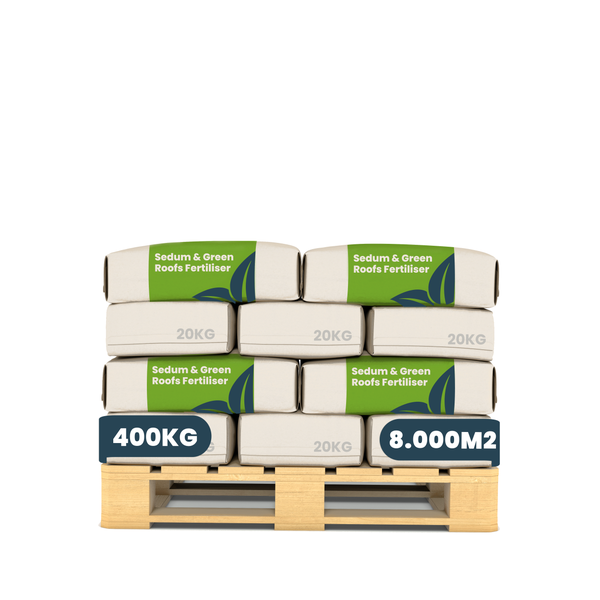 Dünger für Sedum und Gründächer auf einer Palette, 400 Kilogramm für 8000 Quadratmeter.