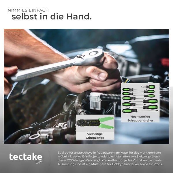 Ein Mensch arbeitet mit einer Knarre am Automotor, daneben sind Schraubendreher und eine Crimpzange des Tectake Werkzeugkoffers abgebildet.