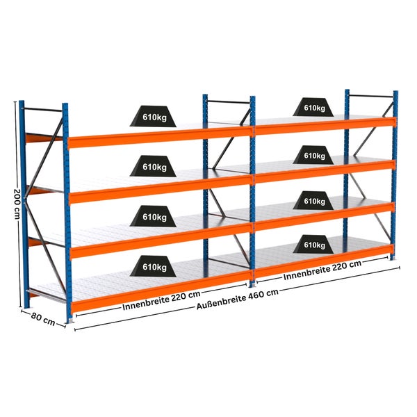 Abbildung eines Lagerregals mit Abmessungen und einer maximalen Traglast von 610 Kilogramm pro Regalboden