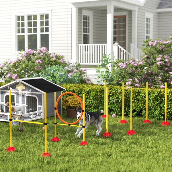 PawHut Agility Set Hunde 3-teiliges befüllbar Agility-Ausrüstung für Hundetraining Steckhürdenset mit Slalomstangen höhenverstellbar Hürden Sprungring Koordinationstraining für Spiele Training