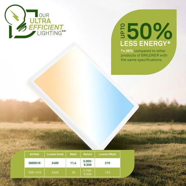 Rechteckiges LED Panel mit technischer Übersicht zu Energieeffizienz und Lichtwerten vor einer Landschaftsaufnahme.