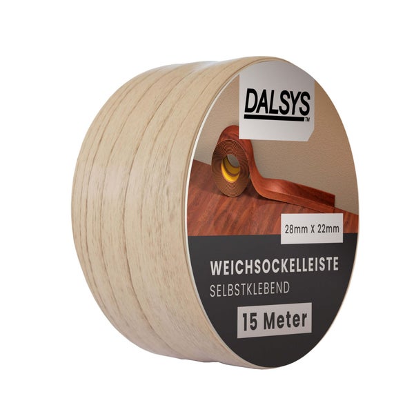 Dalsys Weichsockelleiste selbstklebend, 15 Meter, 28 Millimeter mal 22 Millimeter, Holzoptik hell