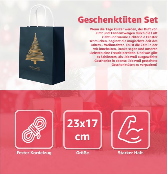 Geschenktüten Set mit Weihnachtsbaum Motiv, stabilen Kordelzug und der Größe 23x17 Zentimeter