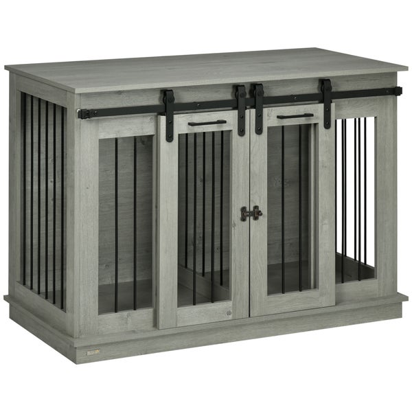 PawHut Hundekäfig, Hundehütte mit Zweiraum-Option, Haustierkäfig mit Doppeltüren, Hundebox, Hundehaus für Mittelegroße Hunde, 120 x 60 x 88,5 cm, Grau