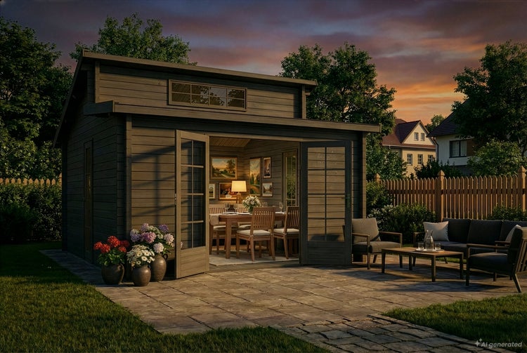 Modernes Gartenhaus aus Holz mit offener Doppeltür, Innenraum mit Essbereich und Terrasse mit Lounge-Möbeln in einem Garten bei Sonnenuntergang.