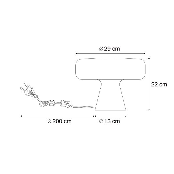 Maßskizze einer pilzförmigen Tischleuchte, Höhe 22 Zentimeter, Schirmdurchmesser 29 Zentimeter, Fuß 13 Zentimeter, Kabellänge 200 Zentimeter.