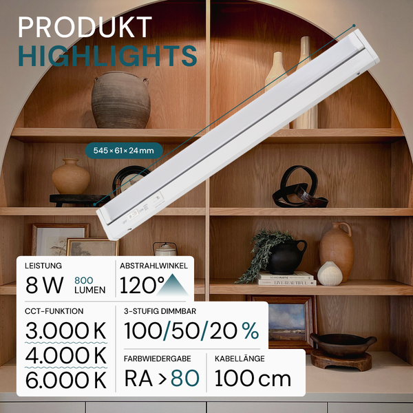 Schlanke LED-Unterbauleuchte, 8 Watt, 800 Lumen, 120 Grad Abstrahlwinkel, dreistufig dimmbar, 3000 bis 6000 Kelvin, 545 mal 61 mal 24 Millimeter.