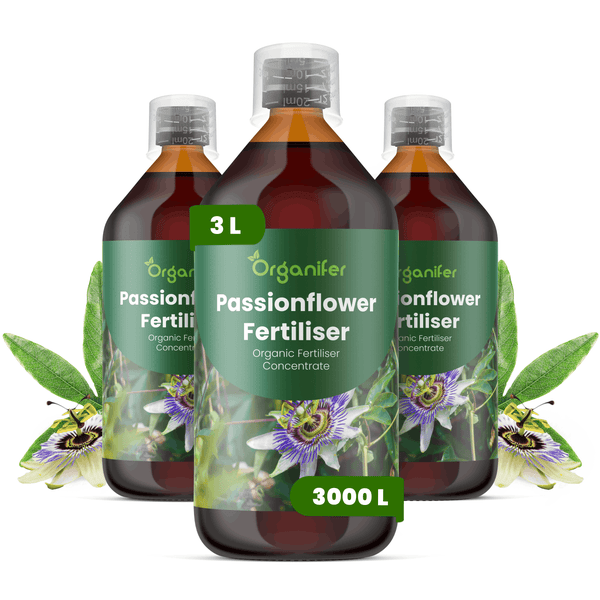Drei Flaschen Organifer Passionsblumen-Dünger, organisches Konzentrat, 3 Liter für bis zu 3000 Liter Düngerlösung.