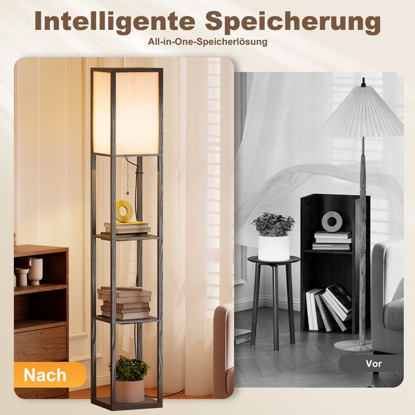 Stehleuchte mit Regalfächern für Bücher und Dekoration als platzsparende Alternative zu Einzelmöbeln.