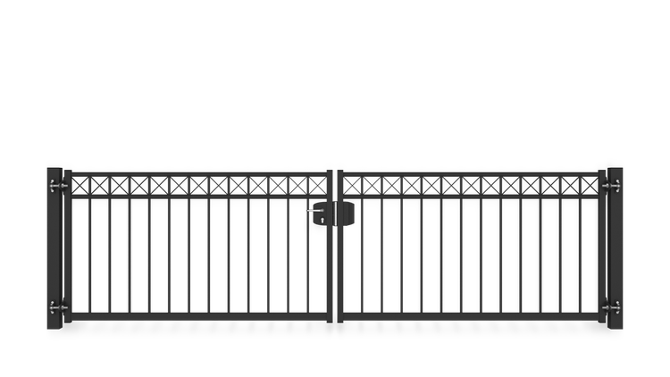 Gartentor ZAUNGURU BASIC-Line Oldenburg Kreuz aus Metall, Höhe: 103cm, Breite: 388cm, 2-flügelig inkl. Pfosten, Schloss und Zubehör, Feuerverzinkt und zusätzlich in RAL 7016 Anthrazitgrau pulverbeschichtet