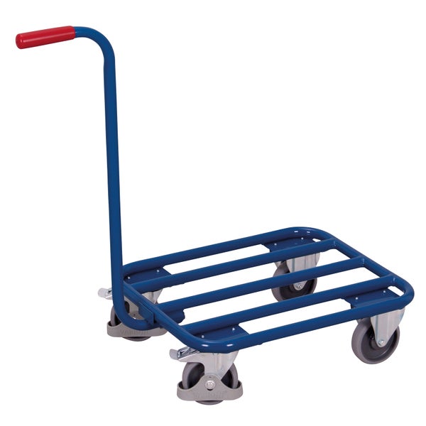 Blauer Plattformwagen aus Stahlrohr mit hohem Schiebebügel und rotem Griff sowie vier Lenkrollen.