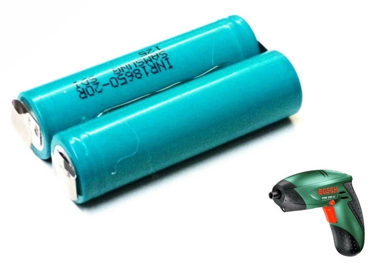 Zwei Samsung INR18650-20R Lithium-Ionen-Akkuzellen und ein Bosch Akkuschrauber PSR 200 LI