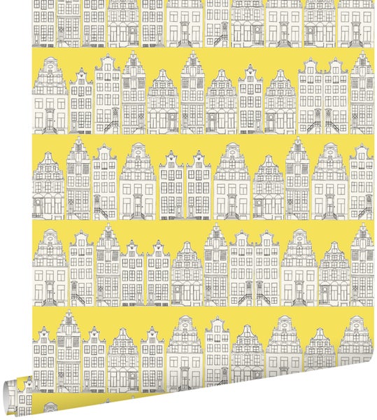 ESTAhome Tapete Amsterdamer Grachtenhäuser Gelb - 53 cm x 10.05 m - 137712