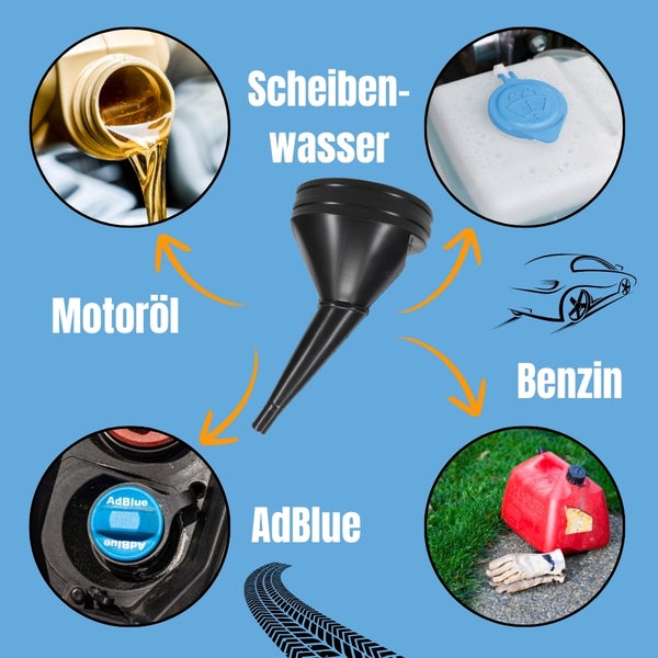 Darstellung von Motoröl, Scheibenwasser, AdBlue und Benzin, die mit einem Trichter eingefüllt werden können