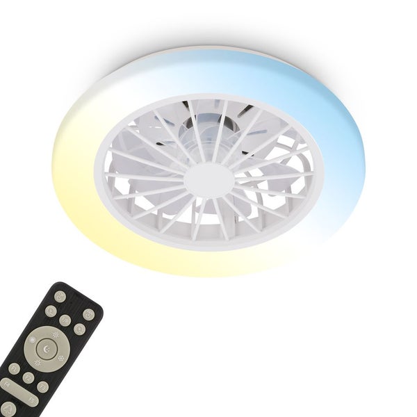 Deckenventilator mit integrierter LED Beleuchtung und Fernbedienung, rundes Design mit Schutzgitter und einstellbarer Lichtfarbe