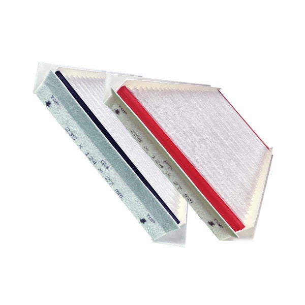 Zwei Innenraumfilter mit den Maßen 235 x 124 x 27 Millimeter.