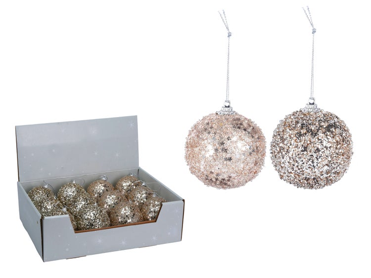 Satz von 12 Ornamenten: Champagner Ornamente mit Glitter Mix 8 cm