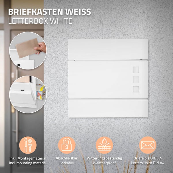ECD Germany Standbriefkasten mit Zeitungsfach, Design Briefkasten mit Pfosten, Briefkastenanlage, Briefkastenständer Silber 120 cm Edelstahl, Postkasten Weiß 37x10,5x36,5 cm Stahl pulverbeschichtet
