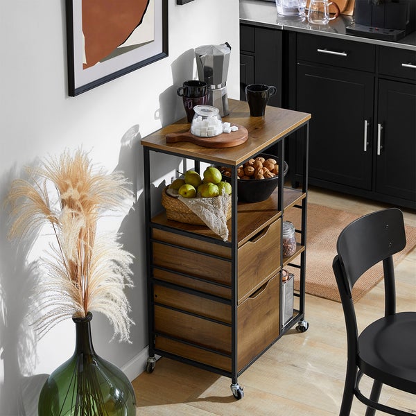 Servierwagen mit zwei Schubladen, Ablageflächen und Rollen im Küchenbereich.
